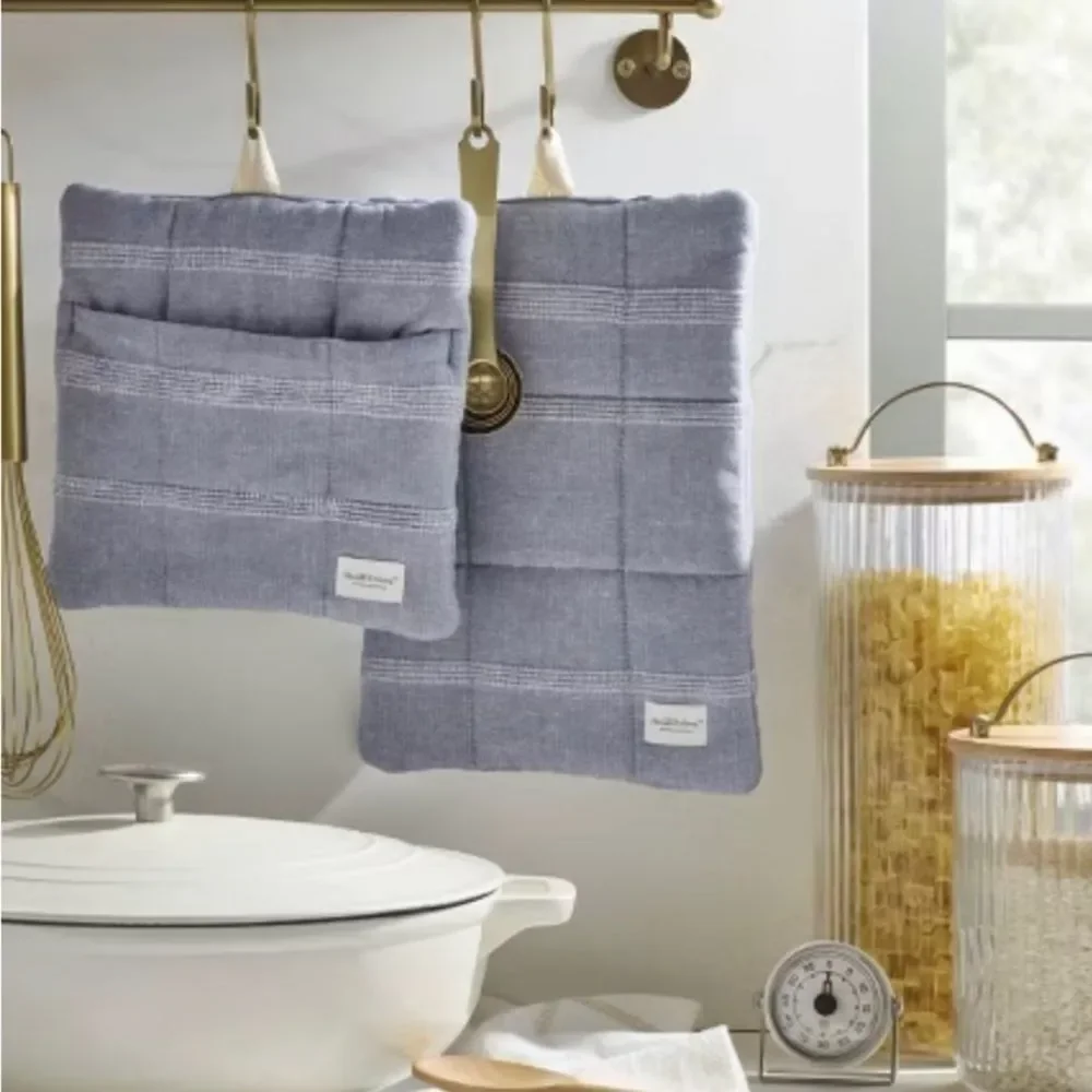 2pc Textured Stripe Potholder Set Blue - Hearth & Hand™ with Magnolia